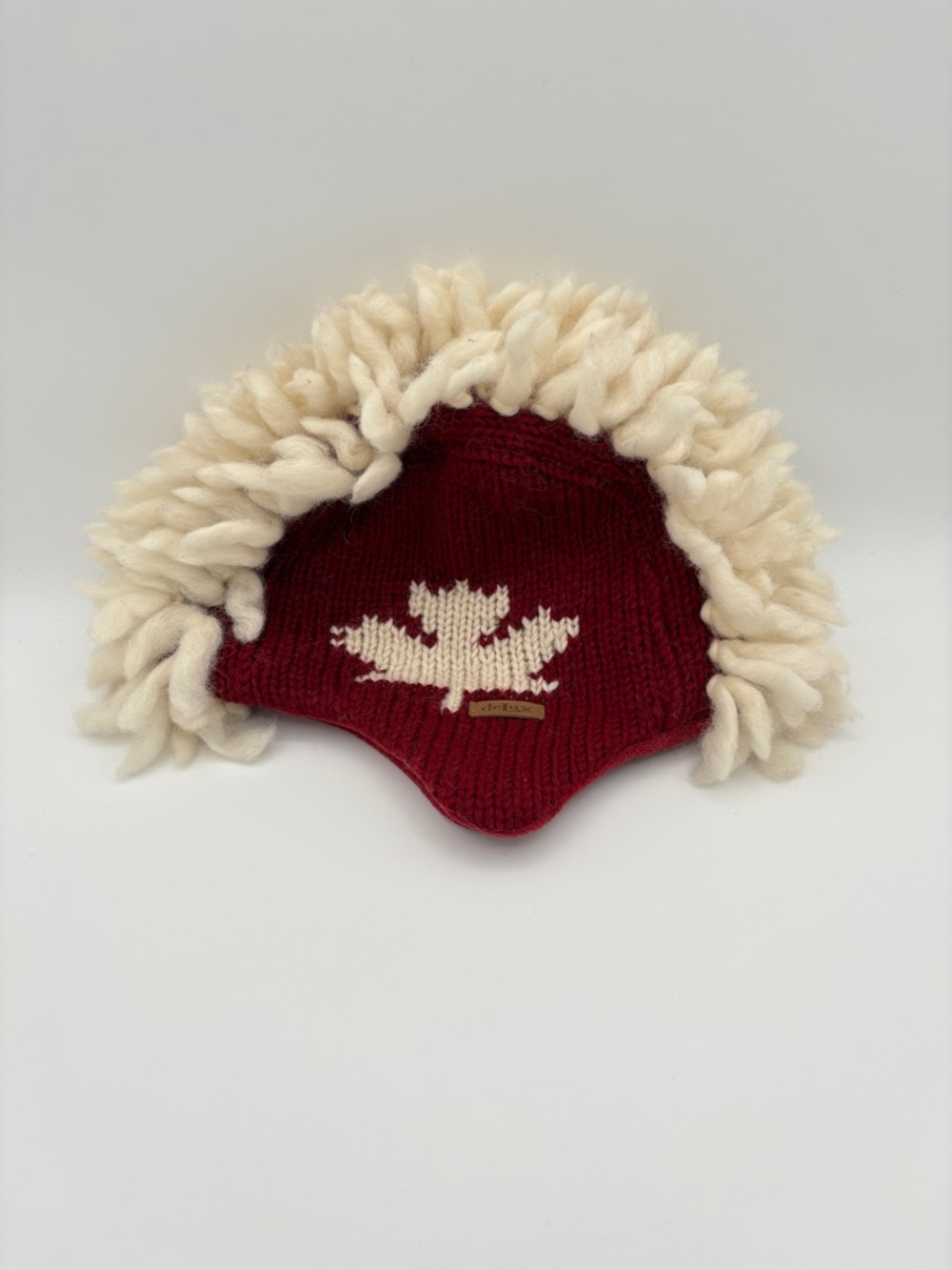 DeLux Hand Made Wool Mohawk Earflap Hat Red Maple Leaf Canada Fleece Lined